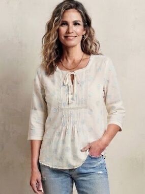 Johnny Cotton Breezy Blouse Boho Casual Coastal Cream and Blue Dots Sz S*